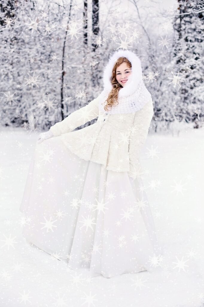 woman, nature, pretty, happy, laughing, girl, winter, snow, white, cold, snowy, young, long dress, gown, young woman